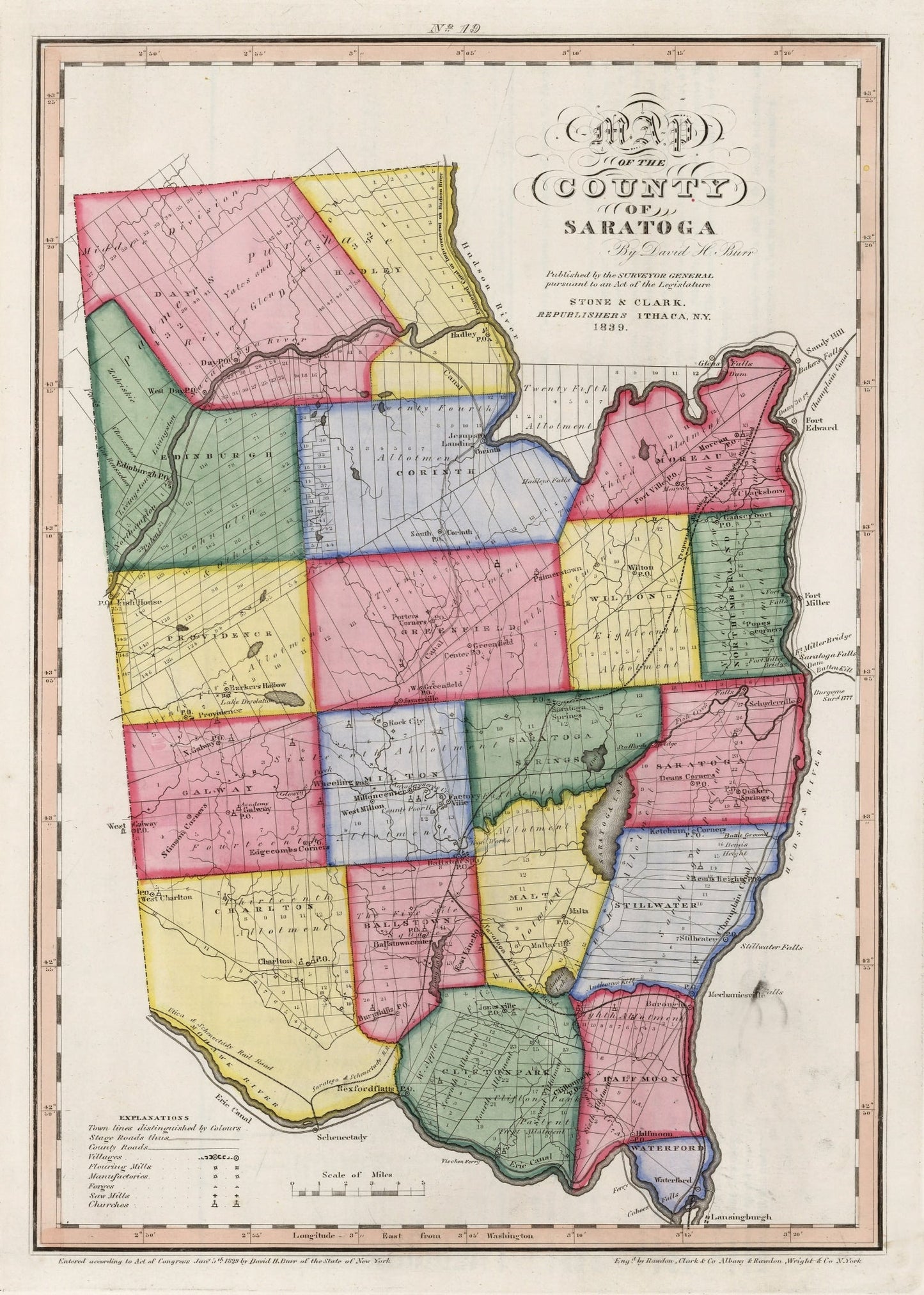 Vintage Map of Saratoga County, New York 1840