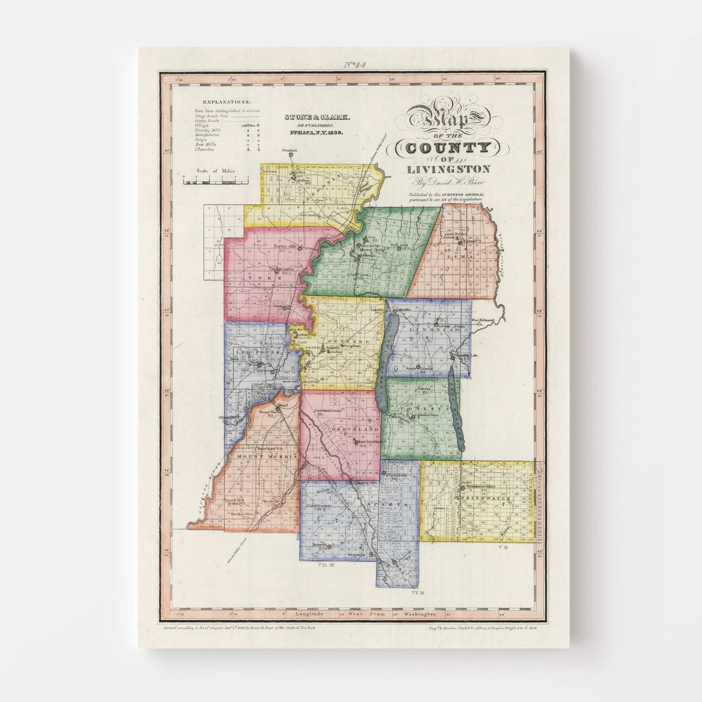 Vintage Map of Livingston County, New York 1840