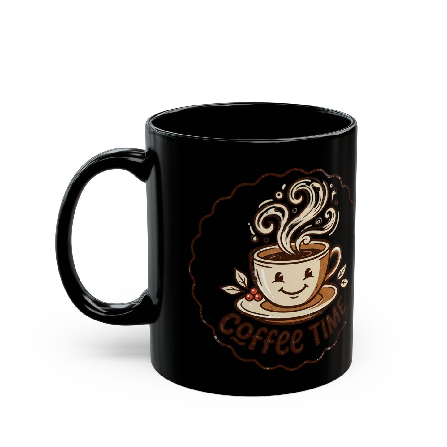 Coffee Time Black Mug – Cute Smiling Coffee Cup Ceramic Mug (11oz, 15oz)