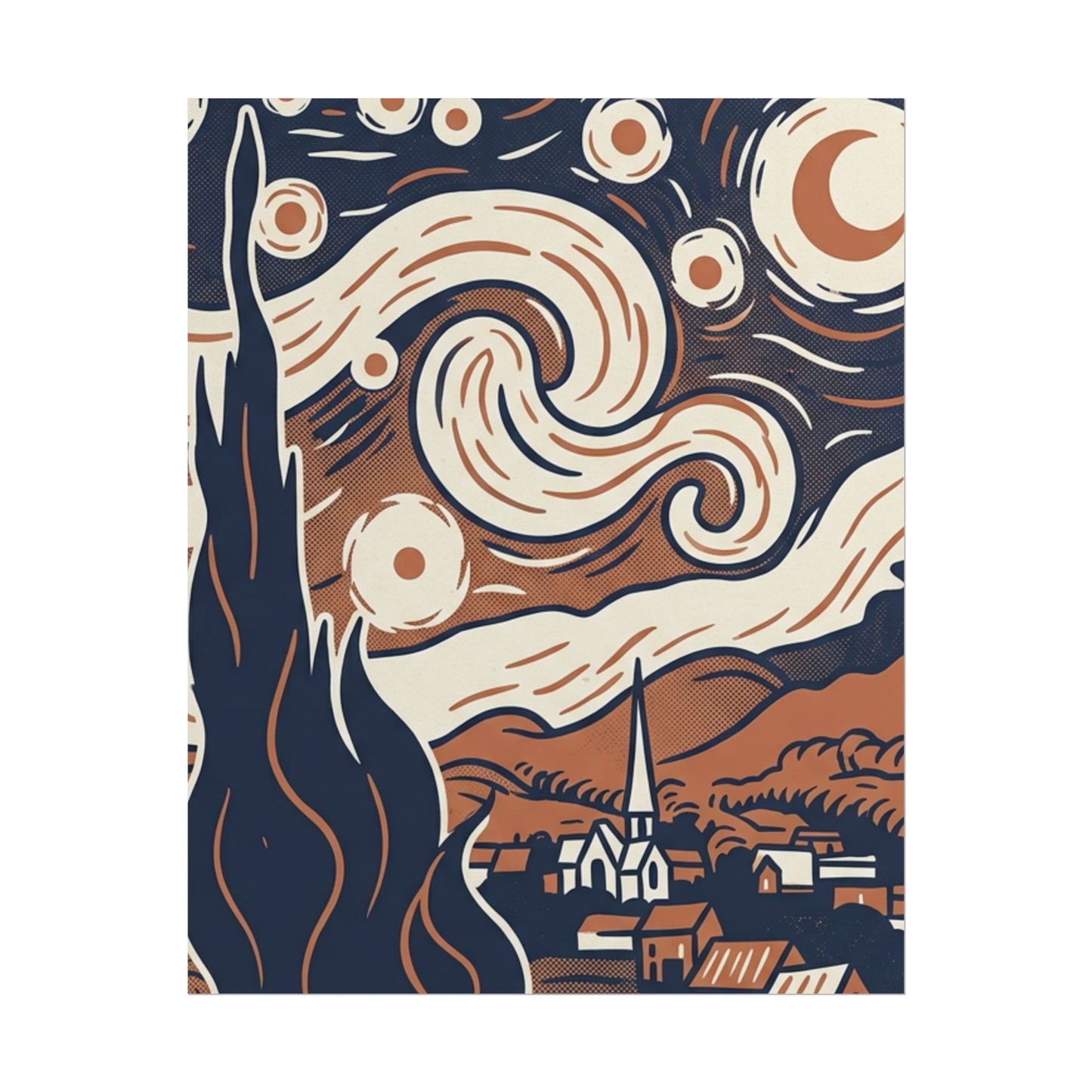 Starry Night-Inspired Rolled Poster — Vintage Blue & Tan Landscape Art Print