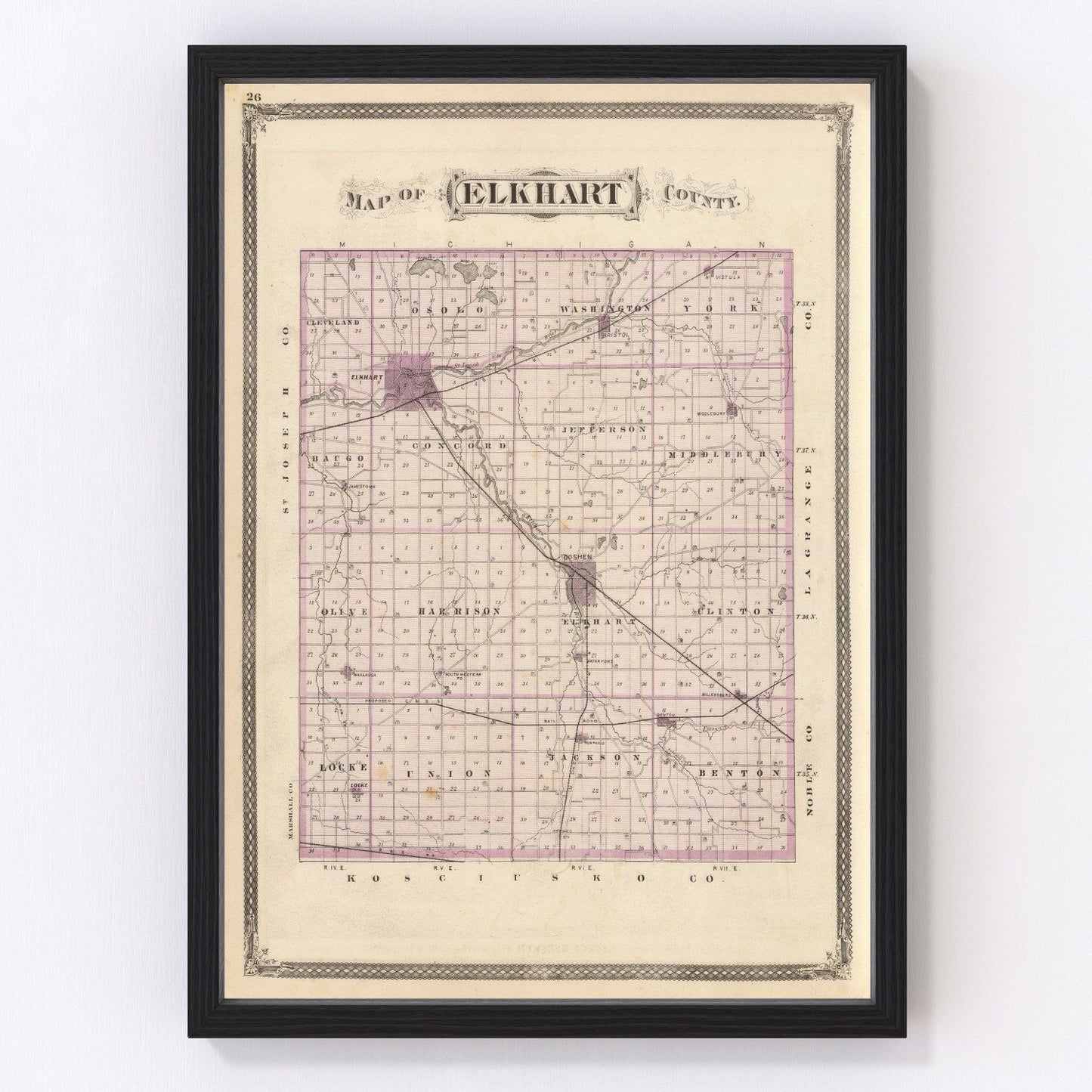 Vintage Map of Elkhart County, Indiana 1876