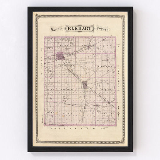 Vintage Map of Elkhart County, Indiana 1876