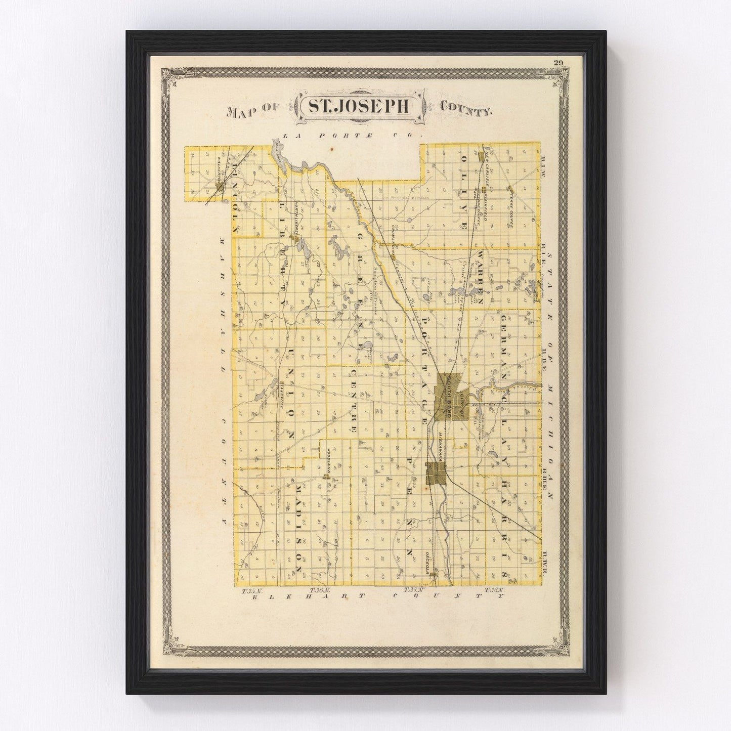 Vintage Map of St. Joseph County, Indiana 1876