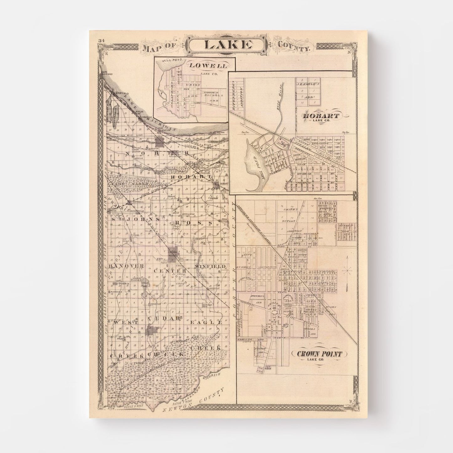 Vintage Map of Lake County, Indiana 1876