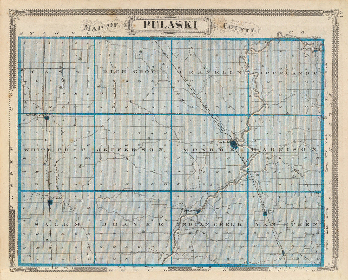 Vintage Map of Pulaski County, Indiana 1876