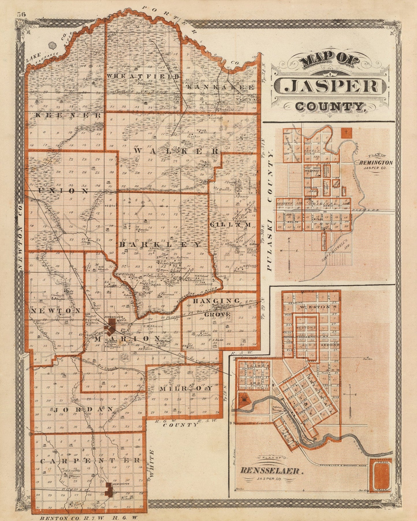 Vintage Map of Jasper County, Indiana 1876