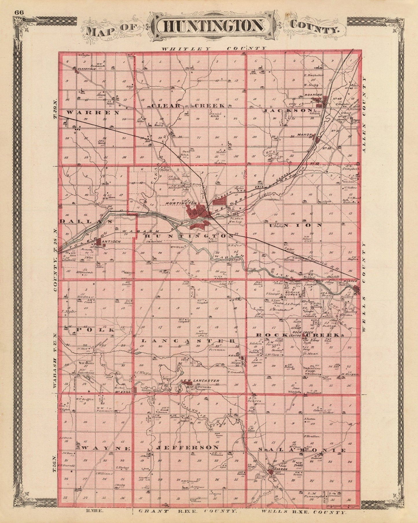 Vintage Map of Huntington County, Indiana 1876