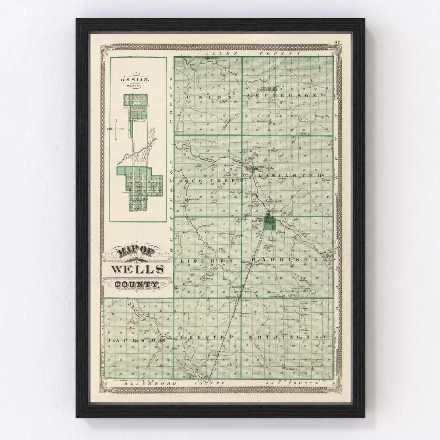 Vintage Map of Wells County, Indiana 1876