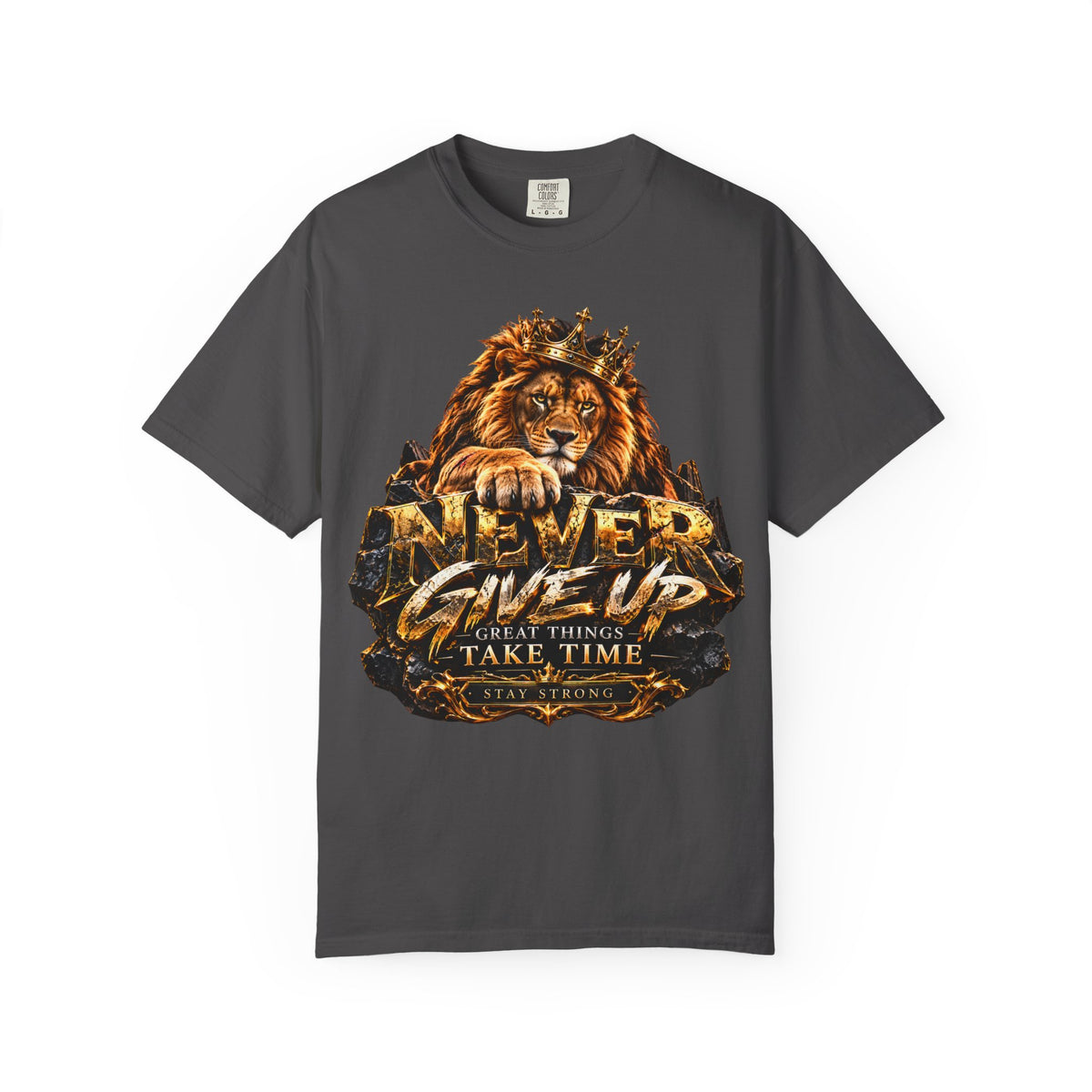 Lion Graphic T-Shirt — "Never Give Up: Great Things Take Time" Motivational Tee