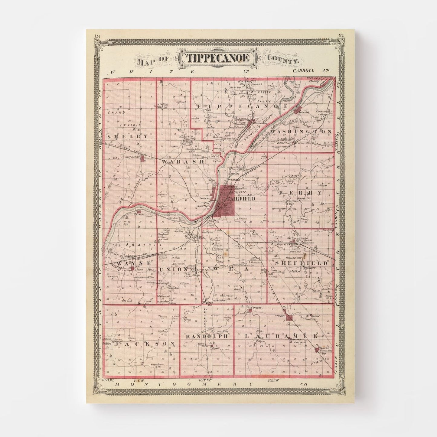 Vintage Map of Tippecanoe County, Indiana 1876