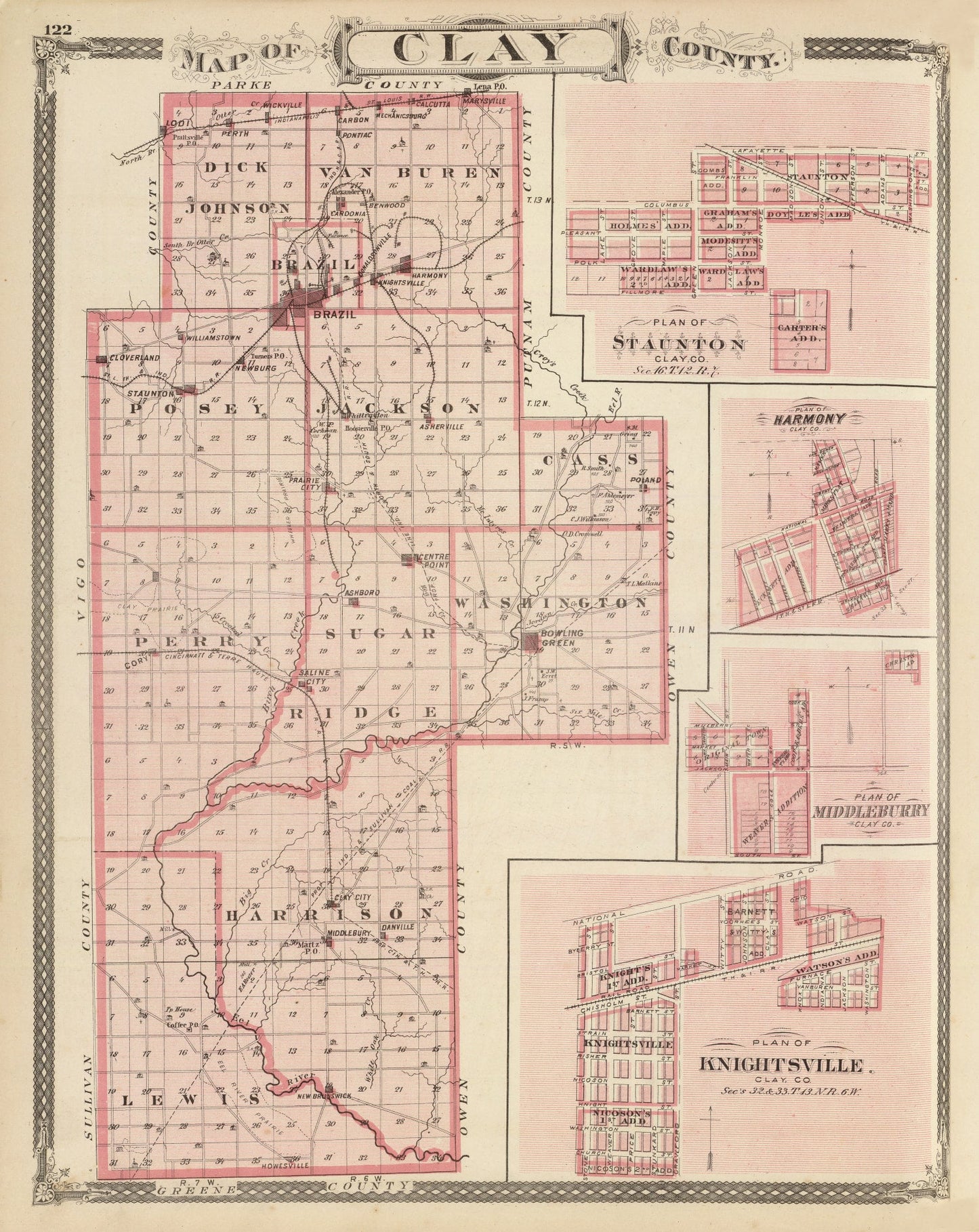 Vintage Map of Clay County, Indiana 1876