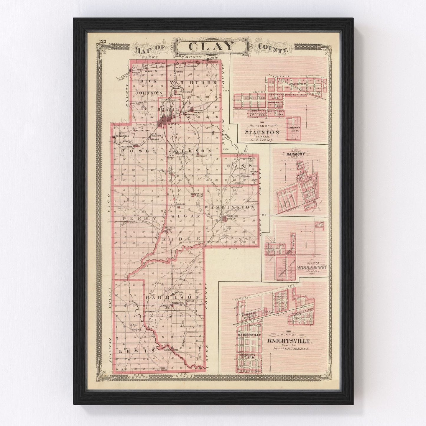 Vintage Map of Clay County, Indiana 1876