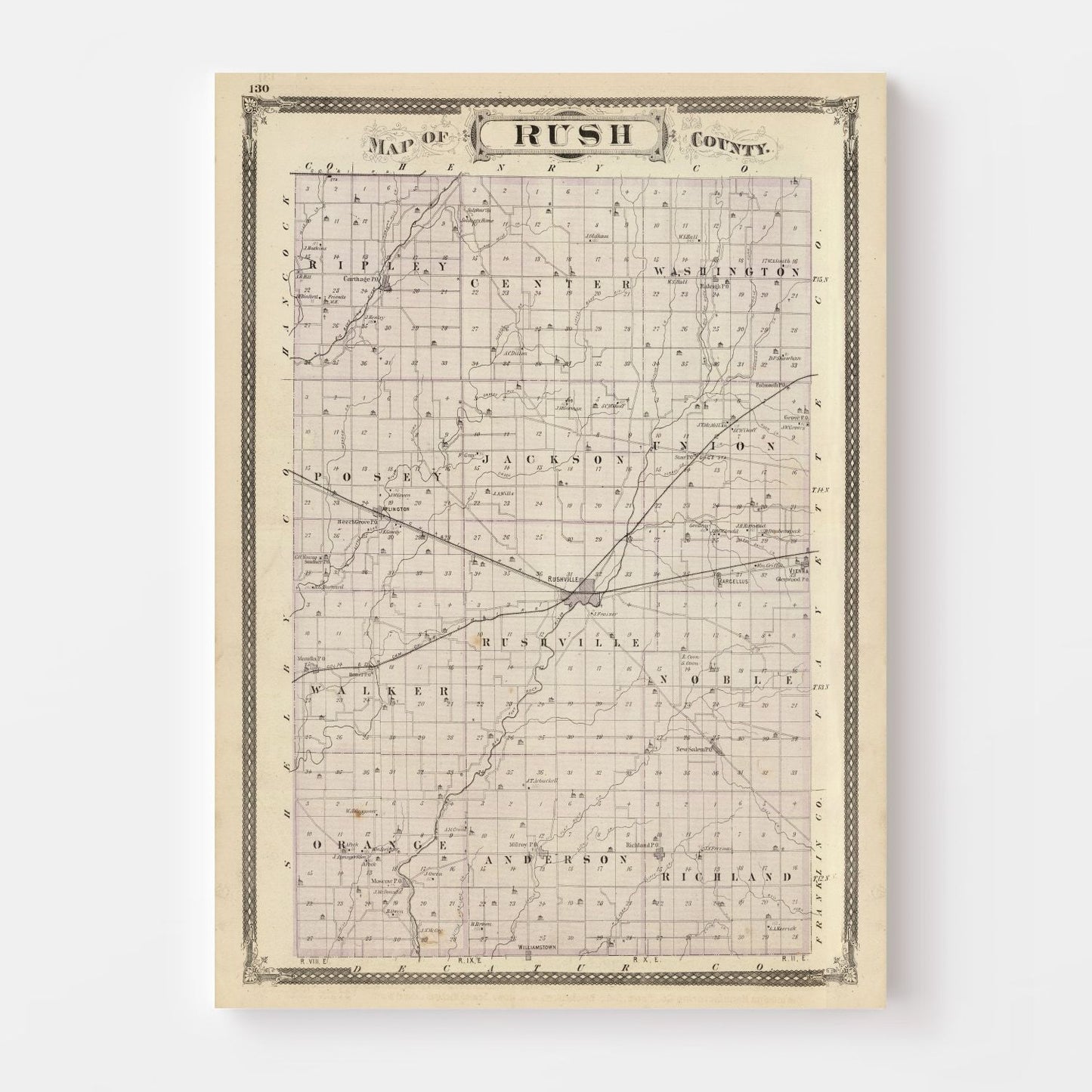 Vintage Map of Rush County, Indiana 1876
