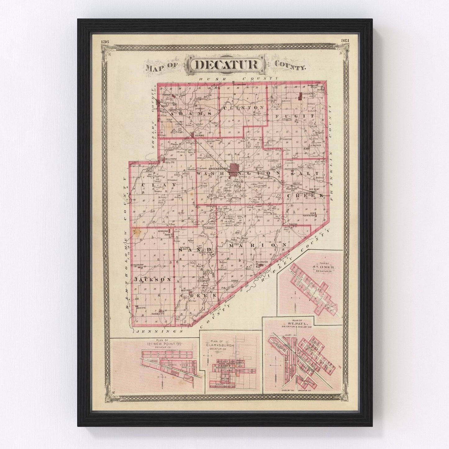 Vintage Map of Decatur County, Indiana 1876