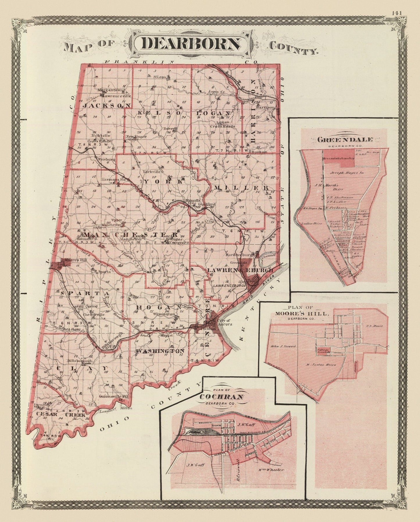 Vintage Map of Dearborn County, Indiana 1876
