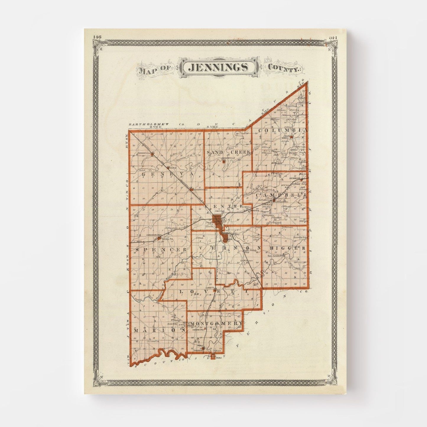 Vintage Map of Jennings County, Indiana 1876