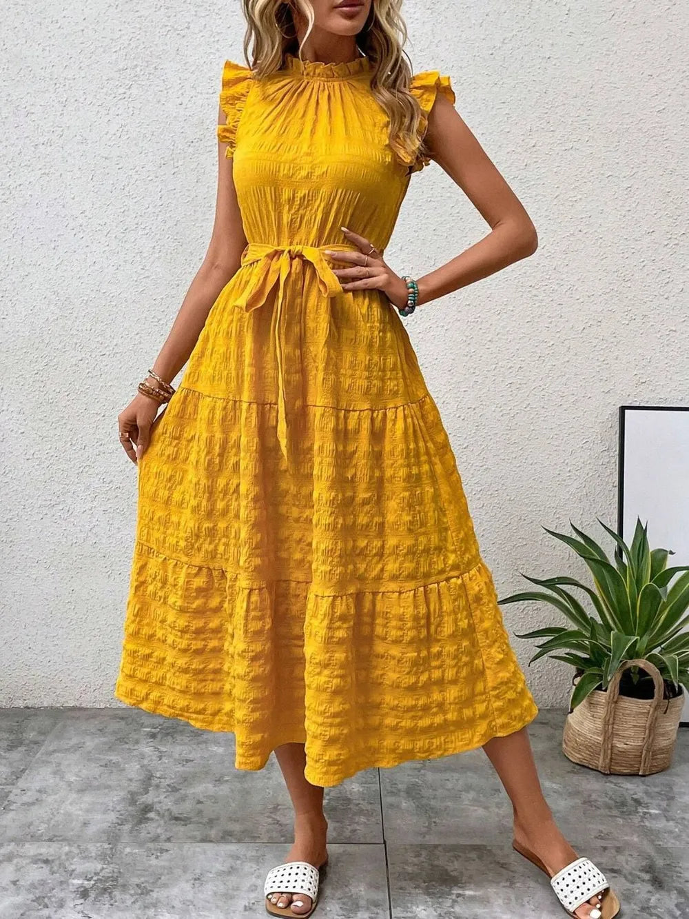 Tied Ruffled Cap Sleeve Midi Dress – Feminine Flowy Style