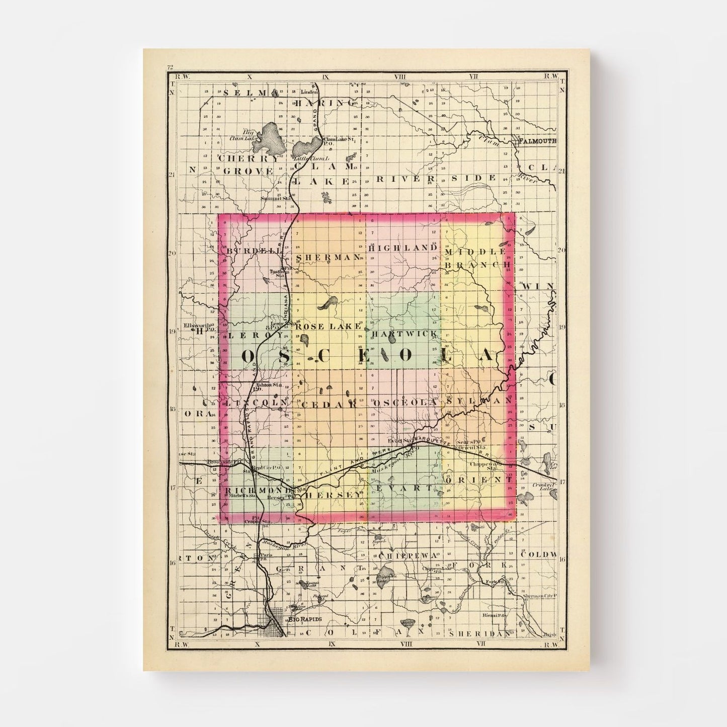 Vintage Map of Osceola County, Michigan 1873