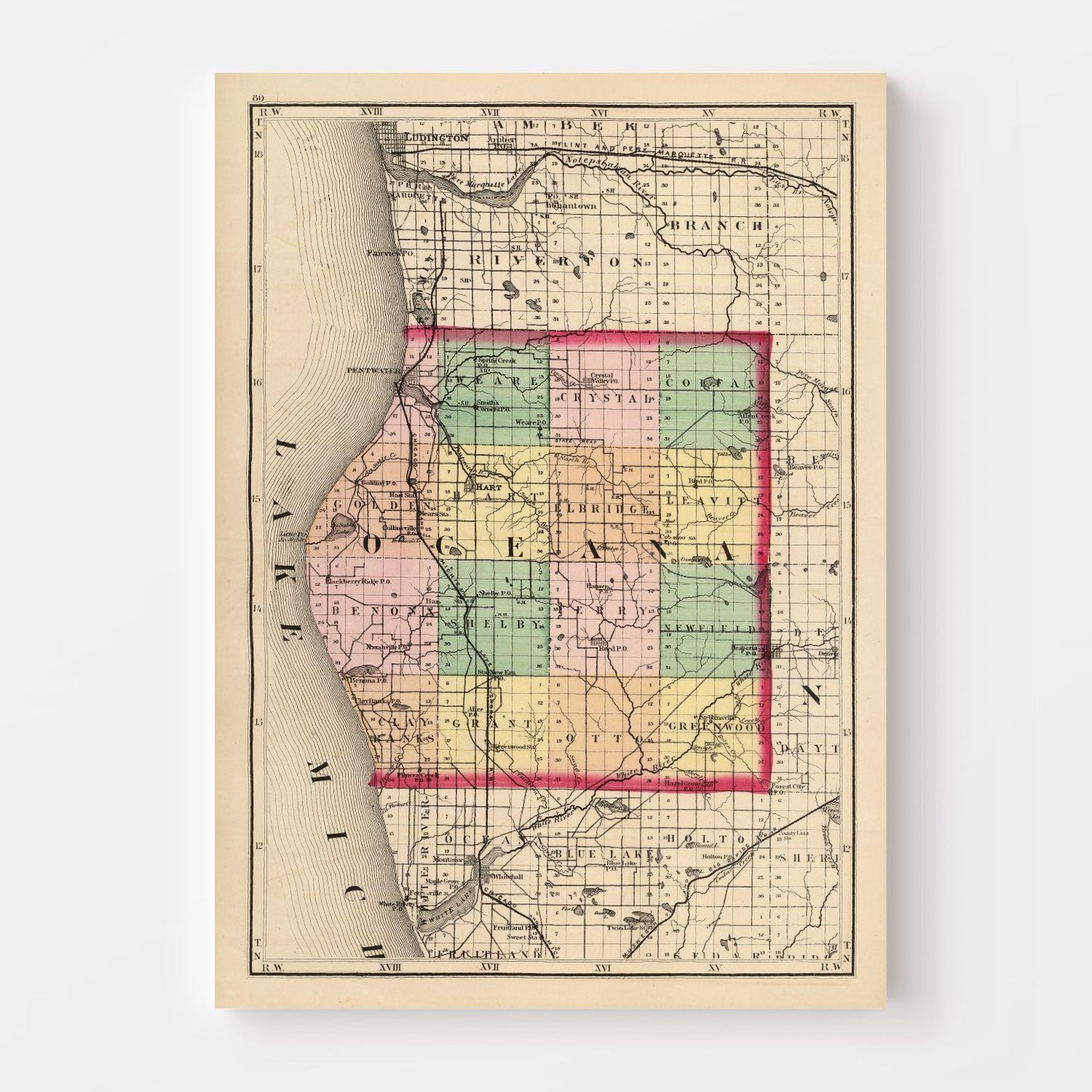 Vintage Map of Oceana County, Michigan 1873