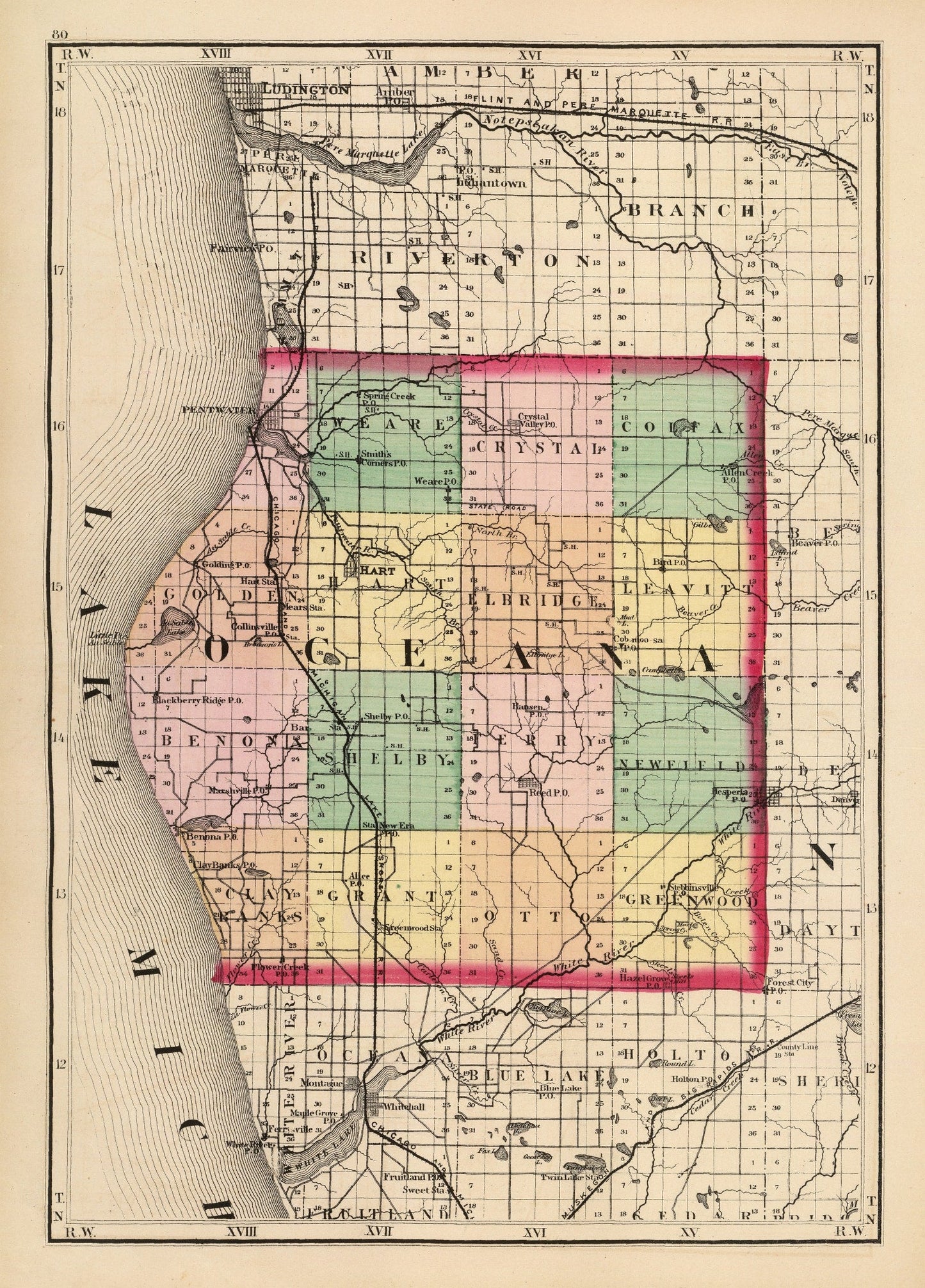 Vintage Map of Oceana County, Michigan 1873