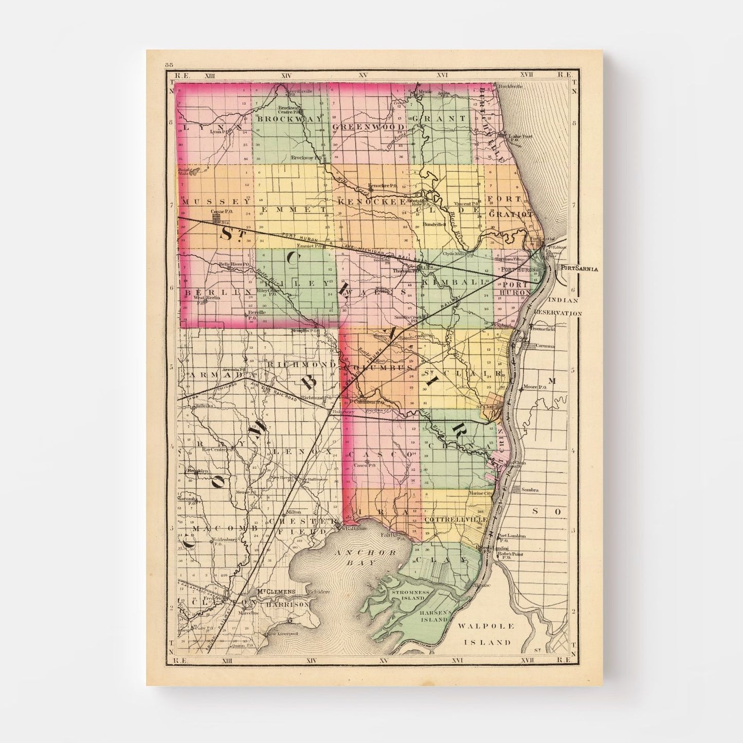 Vintage Map of St. Clair County, Michigan 1873