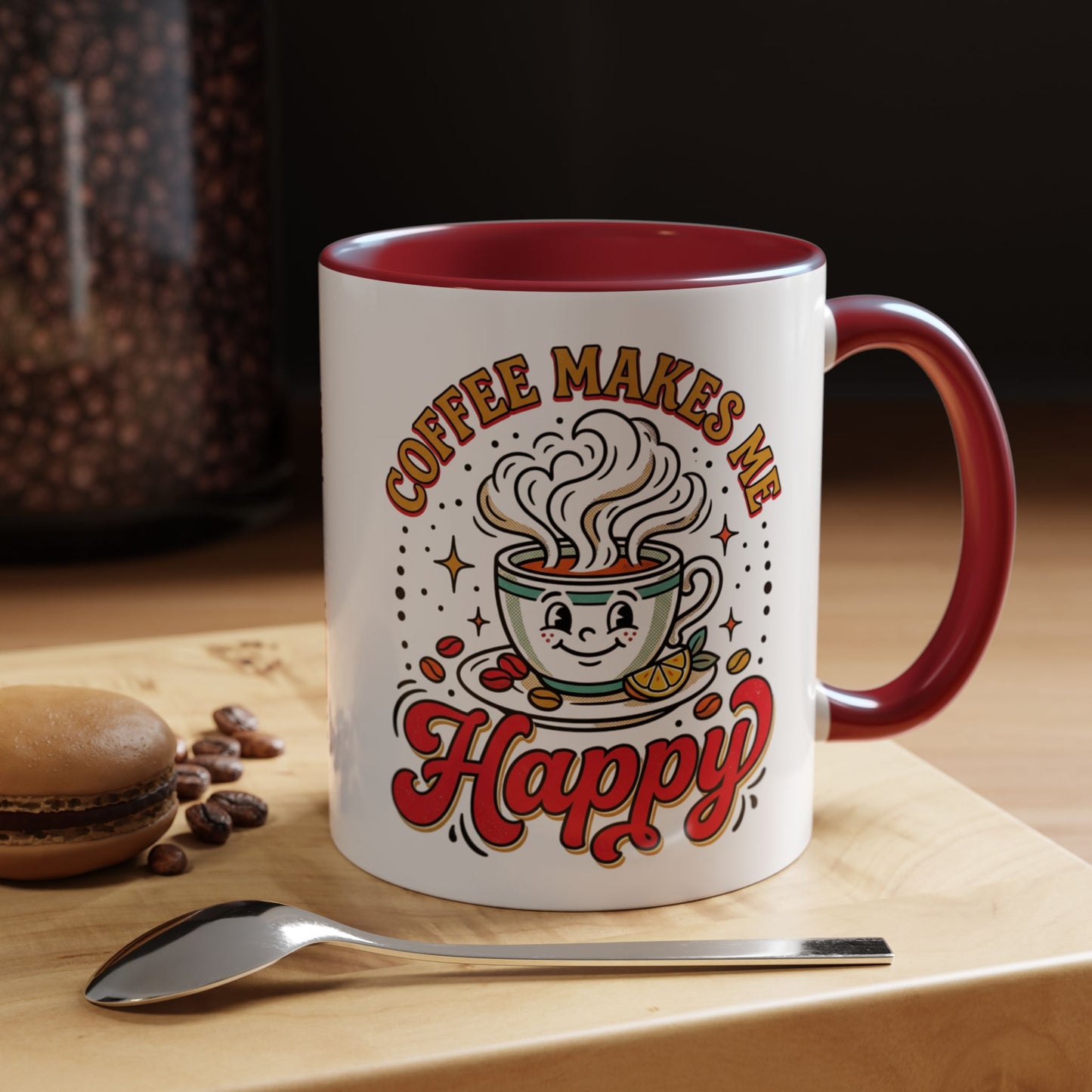 Coffee Mug — "Coffee Makes Me Happy" Cute Retro Accent Mug (11/15oz)