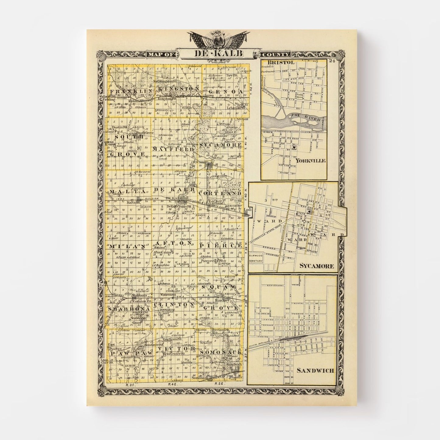 Vintage Map of Dekalb County, Illinois 1876