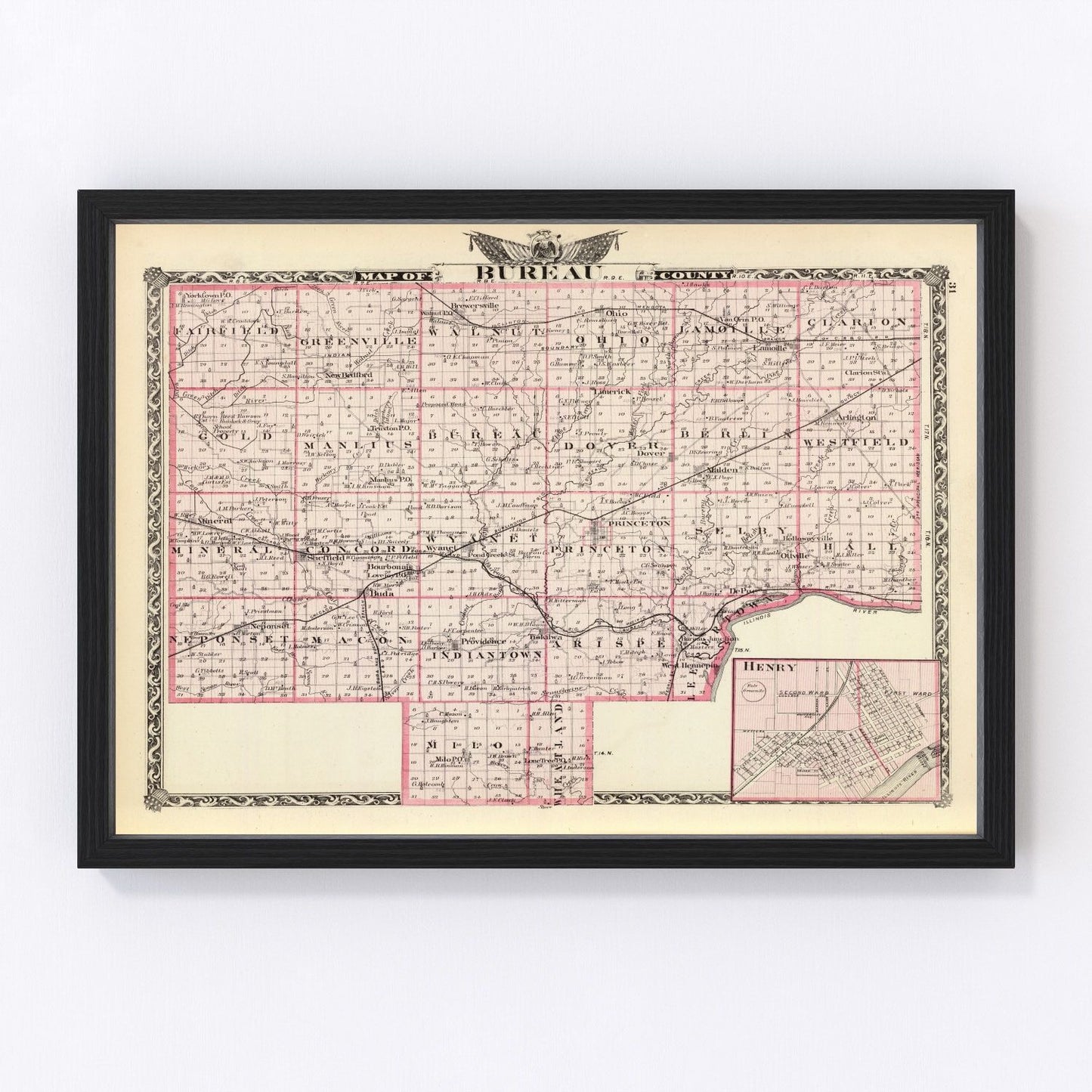 Vintage Map of Bureau County, Illinois 1876