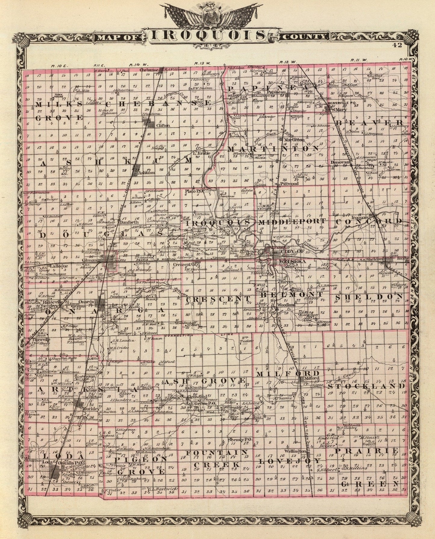 Vintage Map of Iroquois County, Illinois 1876