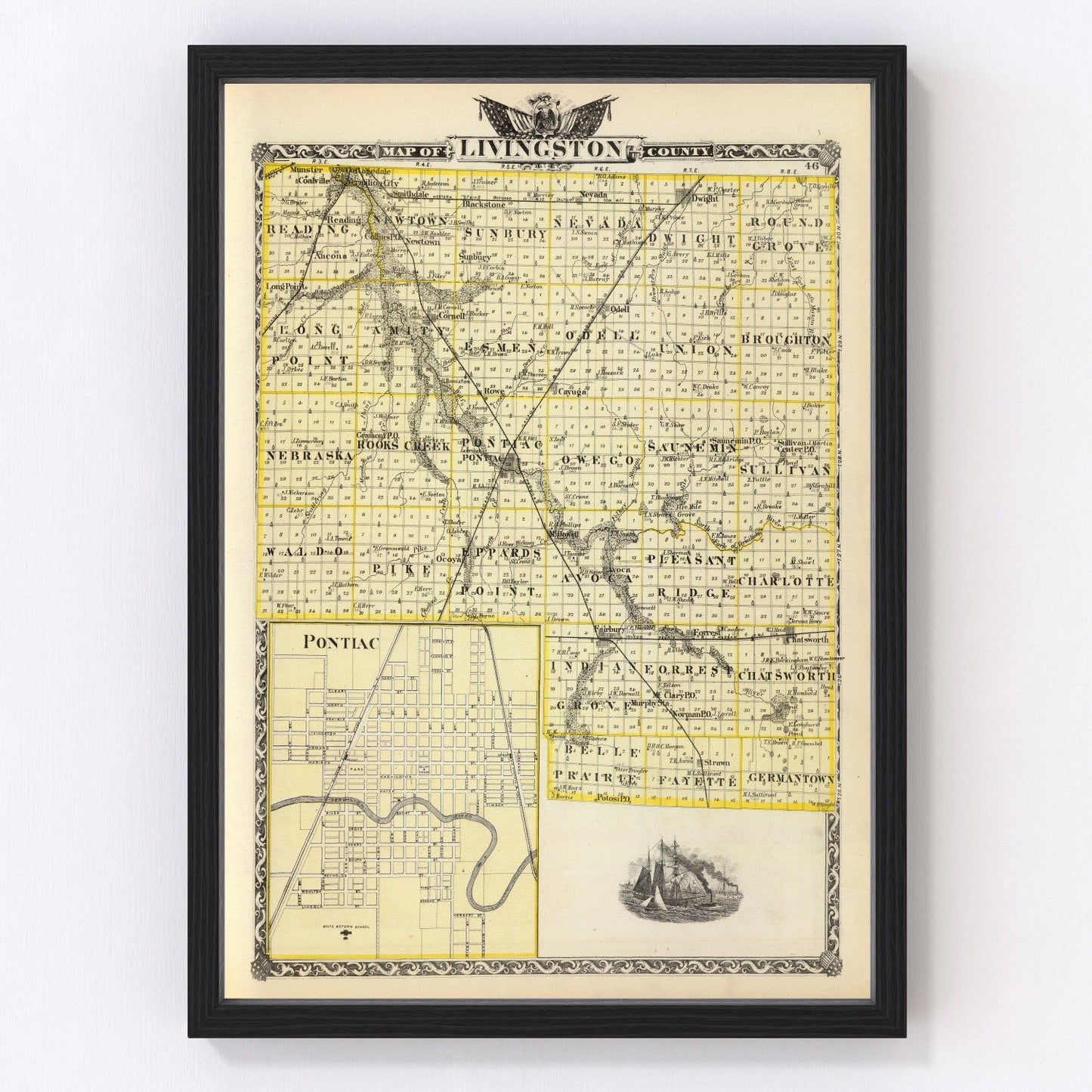 Vintage Map of Livingston County, Illinois 1876