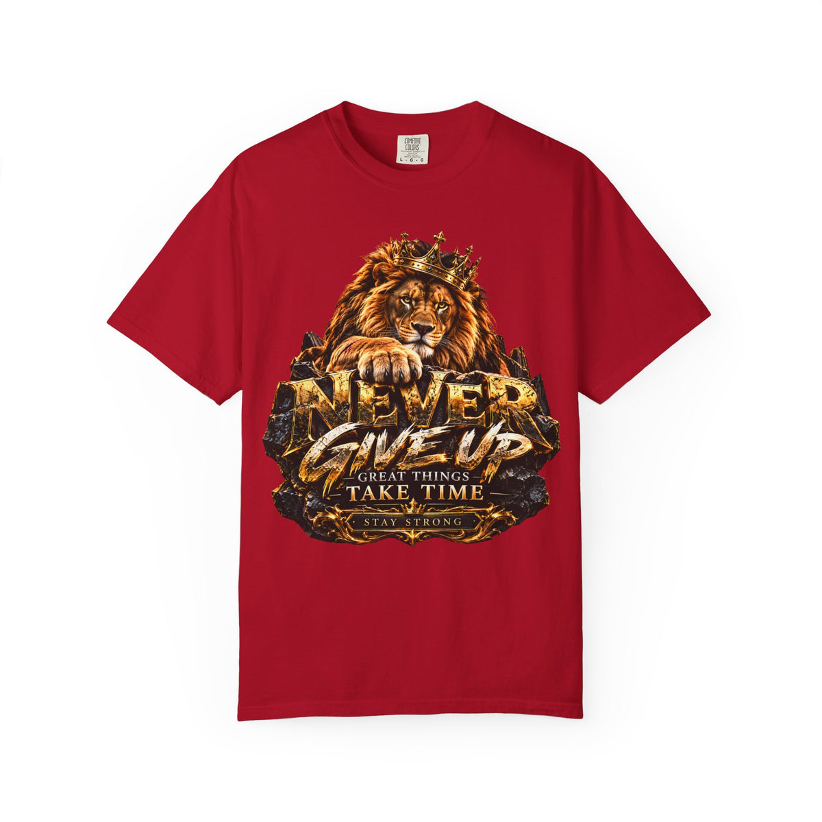 Lion Graphic T-Shirt — "Never Give Up: Great Things Take Time" Motivational Tee