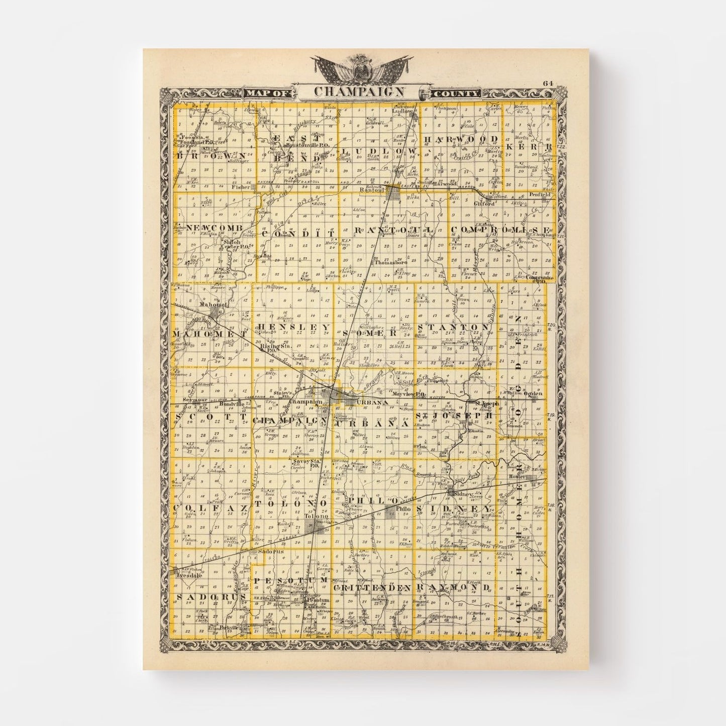 Vintage Map of Champaign County, Illinois 1876
