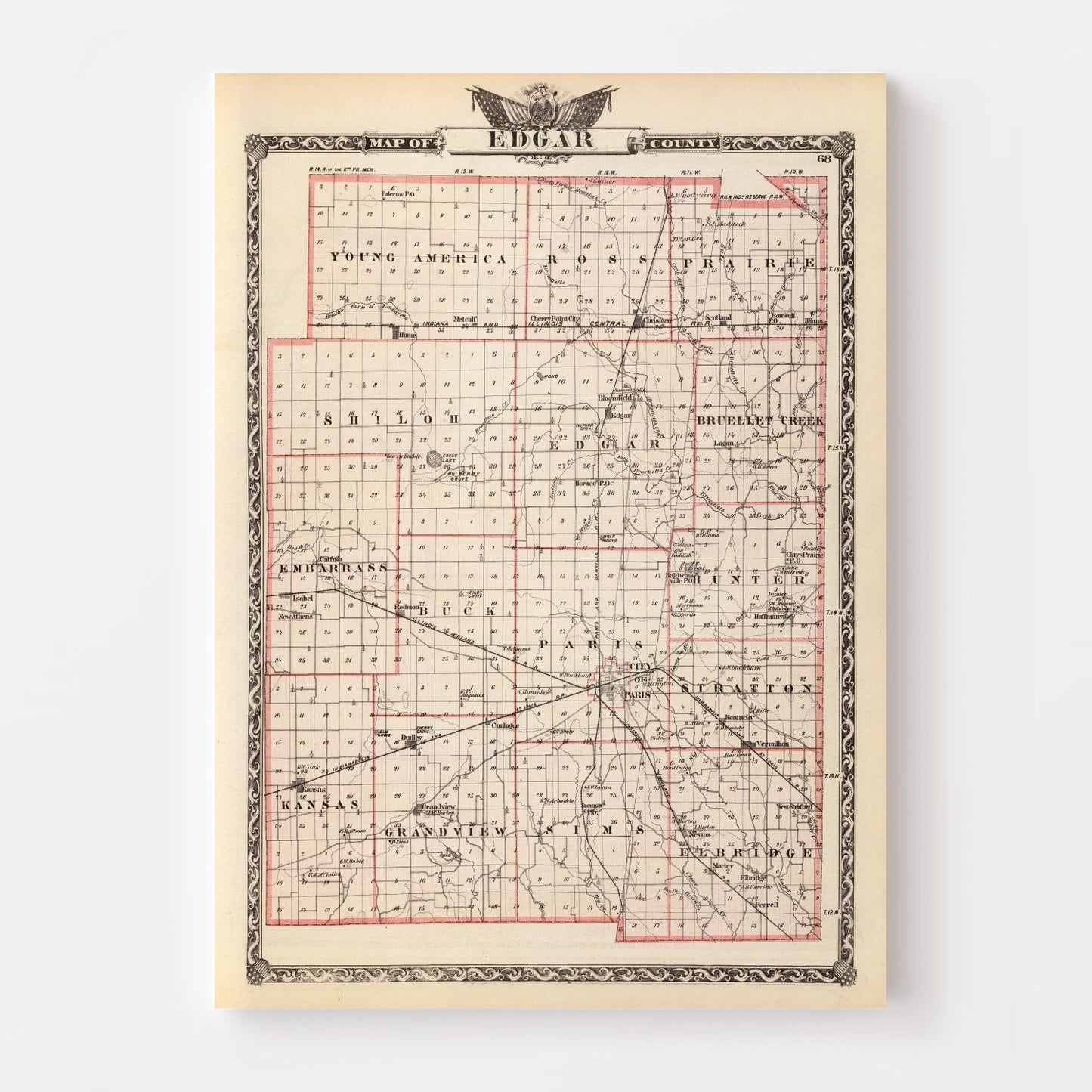 Vintage Map of Edgar County, Illinois 1876