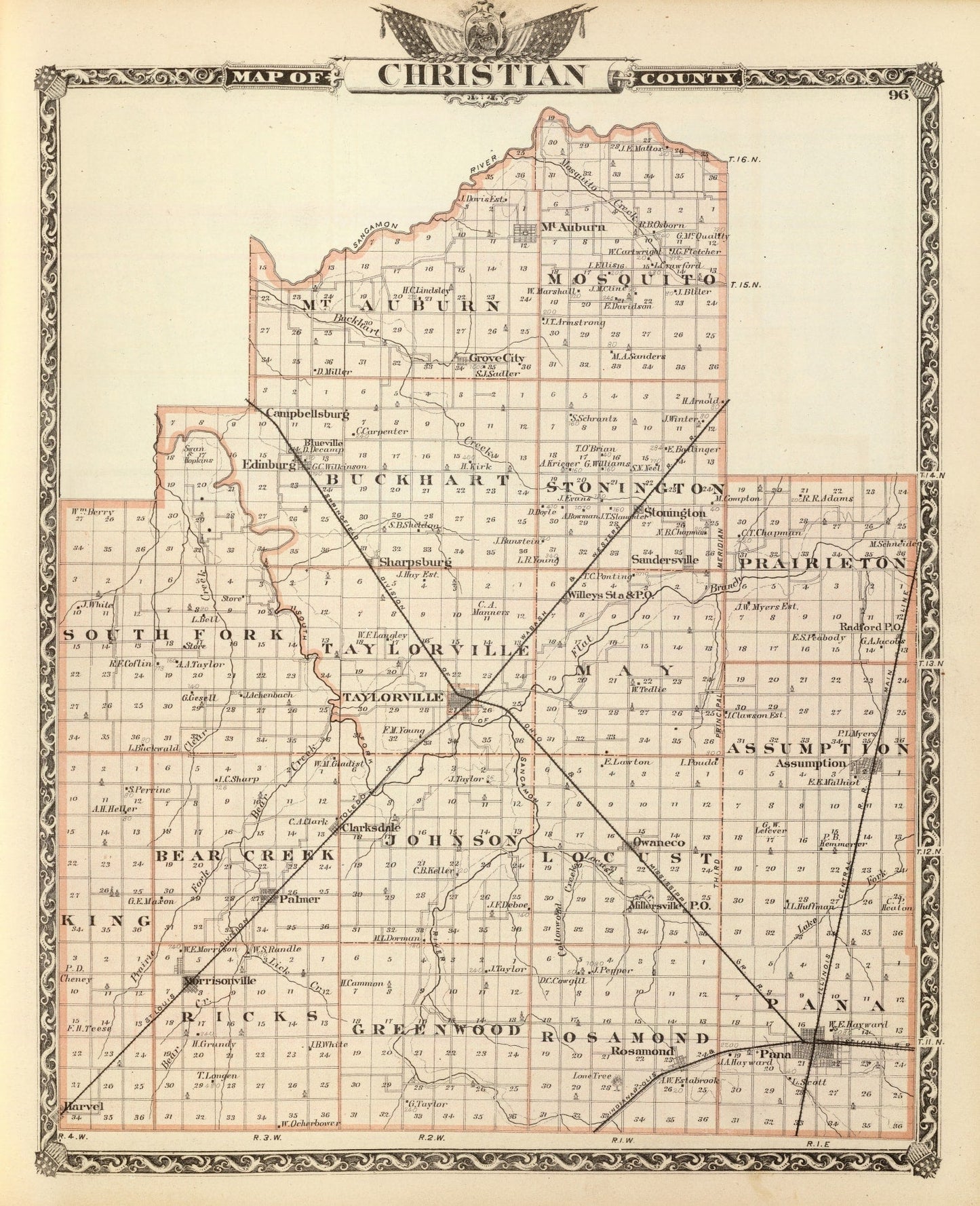 Vintage Map of Christian County, Illinois 1876