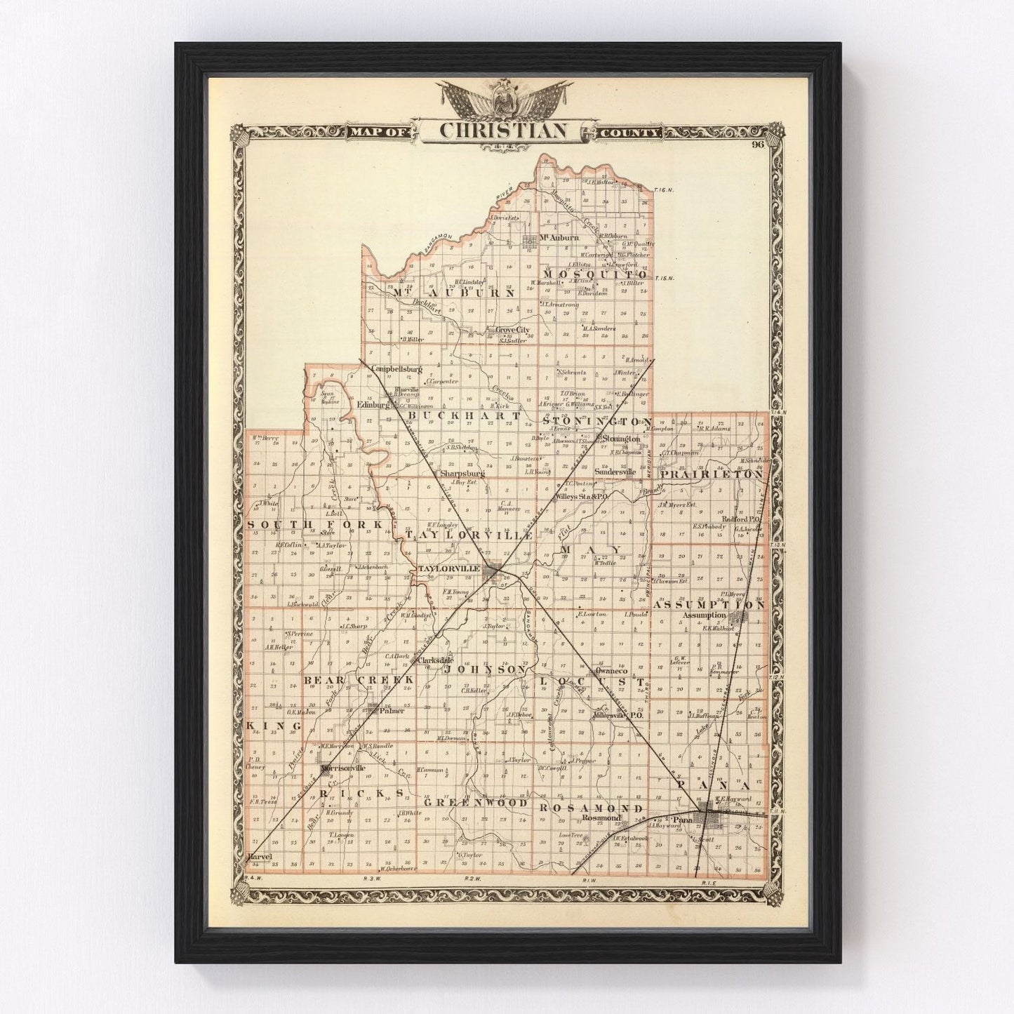 Vintage Map of Christian County, Illinois 1876