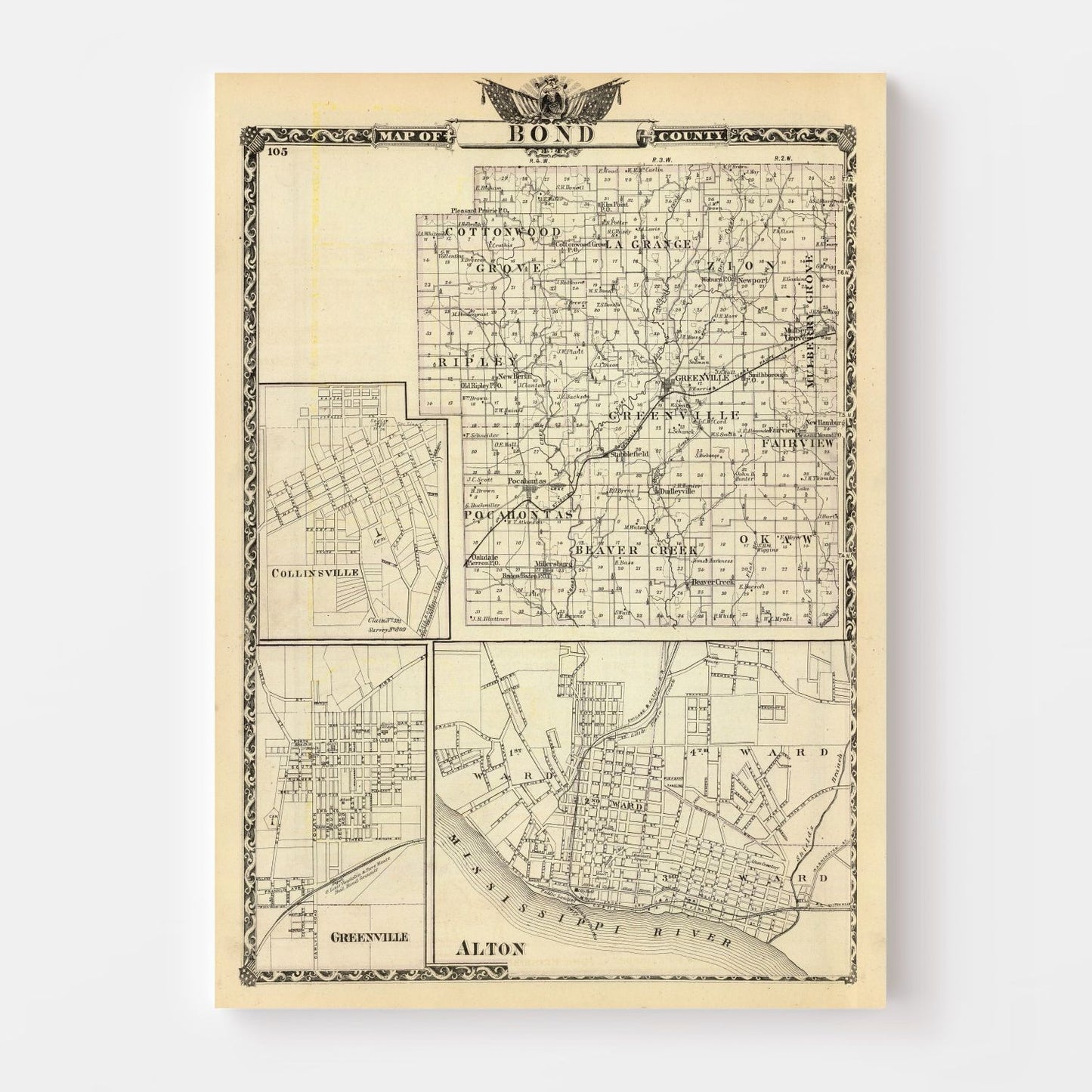 Vintage Map of Bond County, Illinois 1876