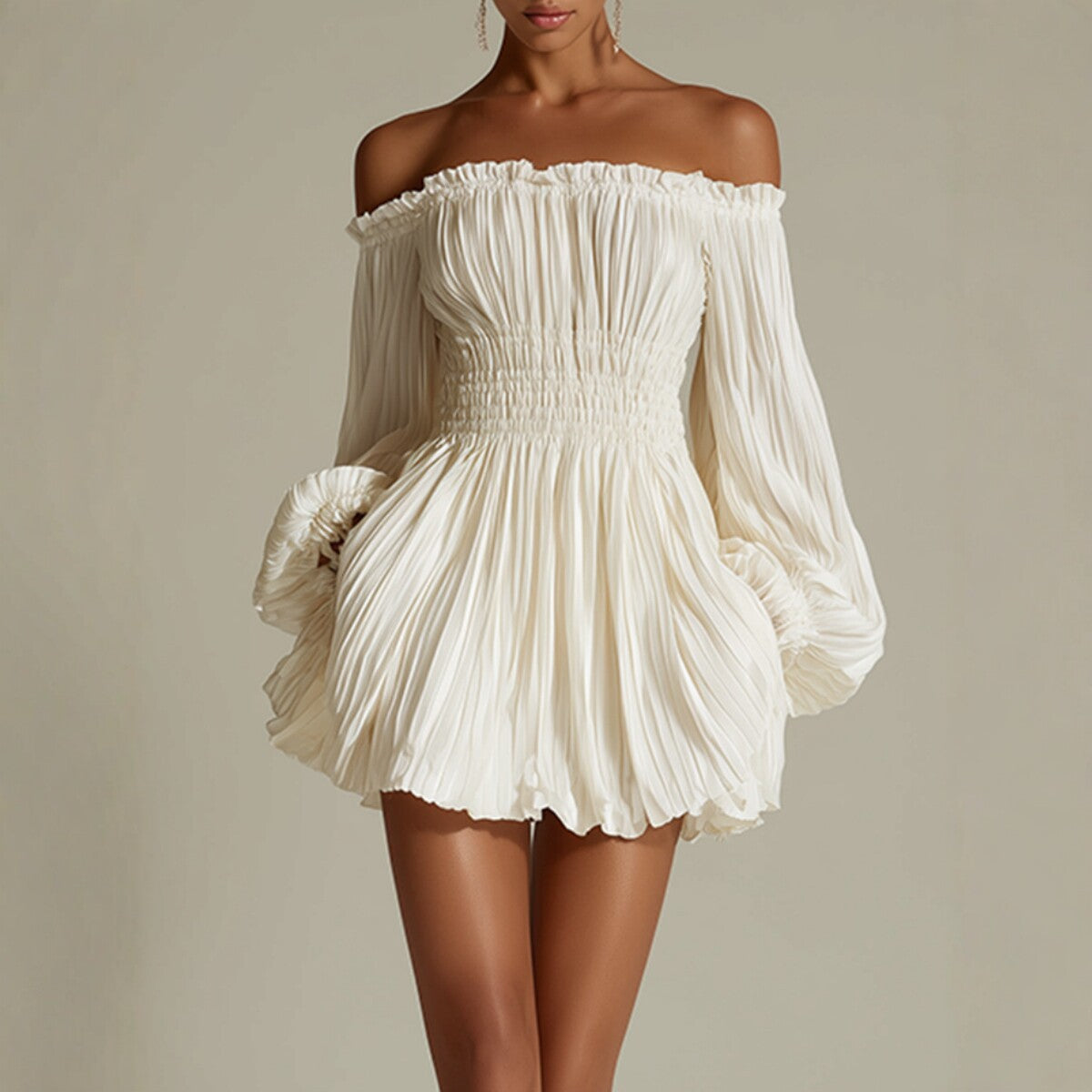 Women's Off-Shoulder Pleated Mini Dress – Smocked Waist & Puff Sleeves