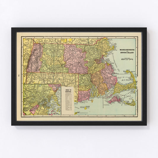 Vintage Map of Massachusetts & Rhode Island 1909