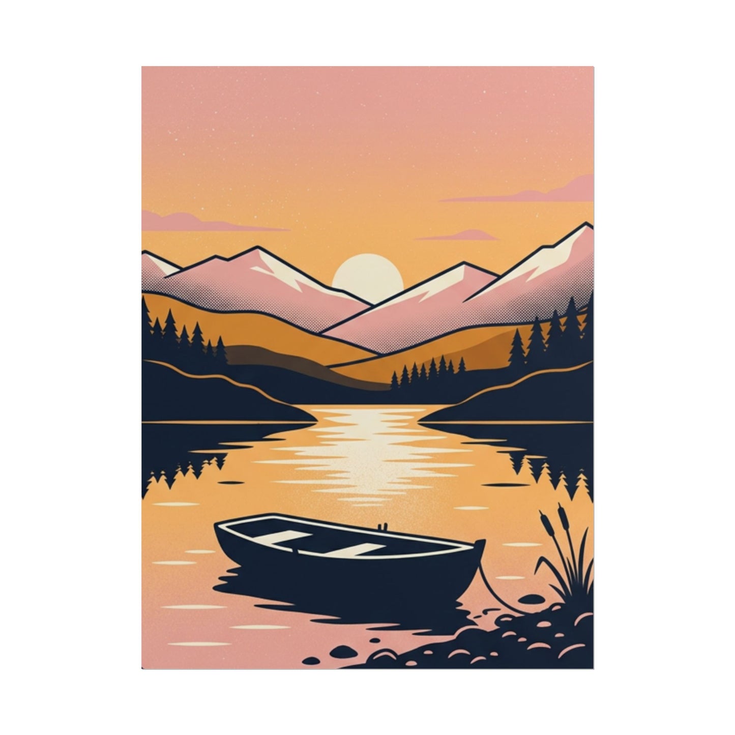 Sunset Lake Boat Poster — Scenic Mountain Landscape Wall Art