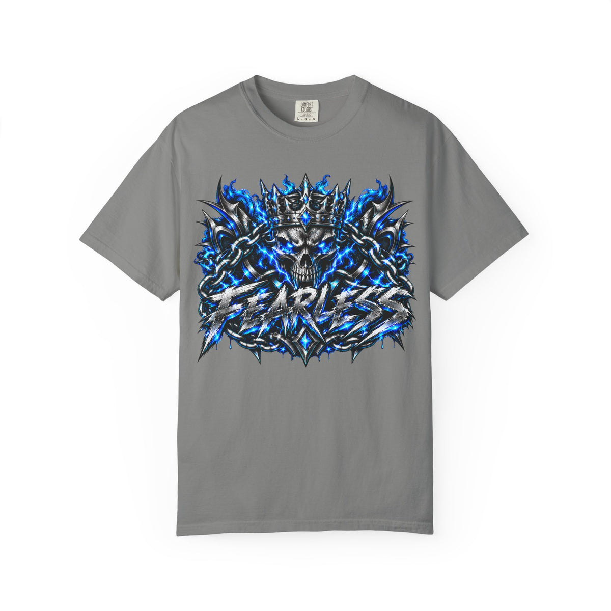 Skull Throne Graphic T-Shirt — Blue Lightning Heavy Metal Tee