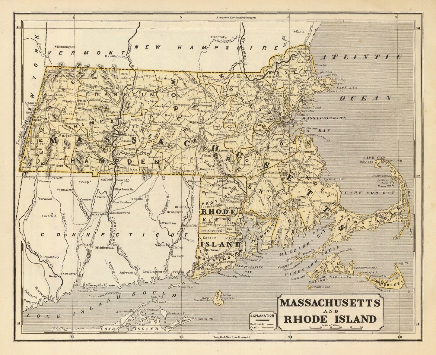 Vintage Map of Massachusetts & Rhode Island 1842