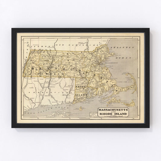 Vintage Map of Massachusetts & Rhode Island 1842