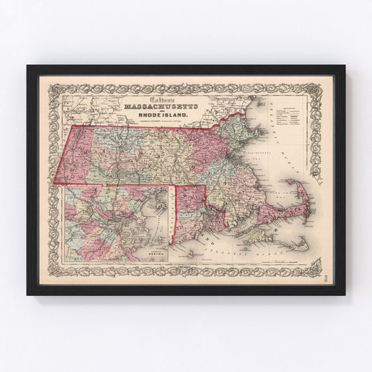 Vintage Map of Massachusetts & Rhode Island 1861