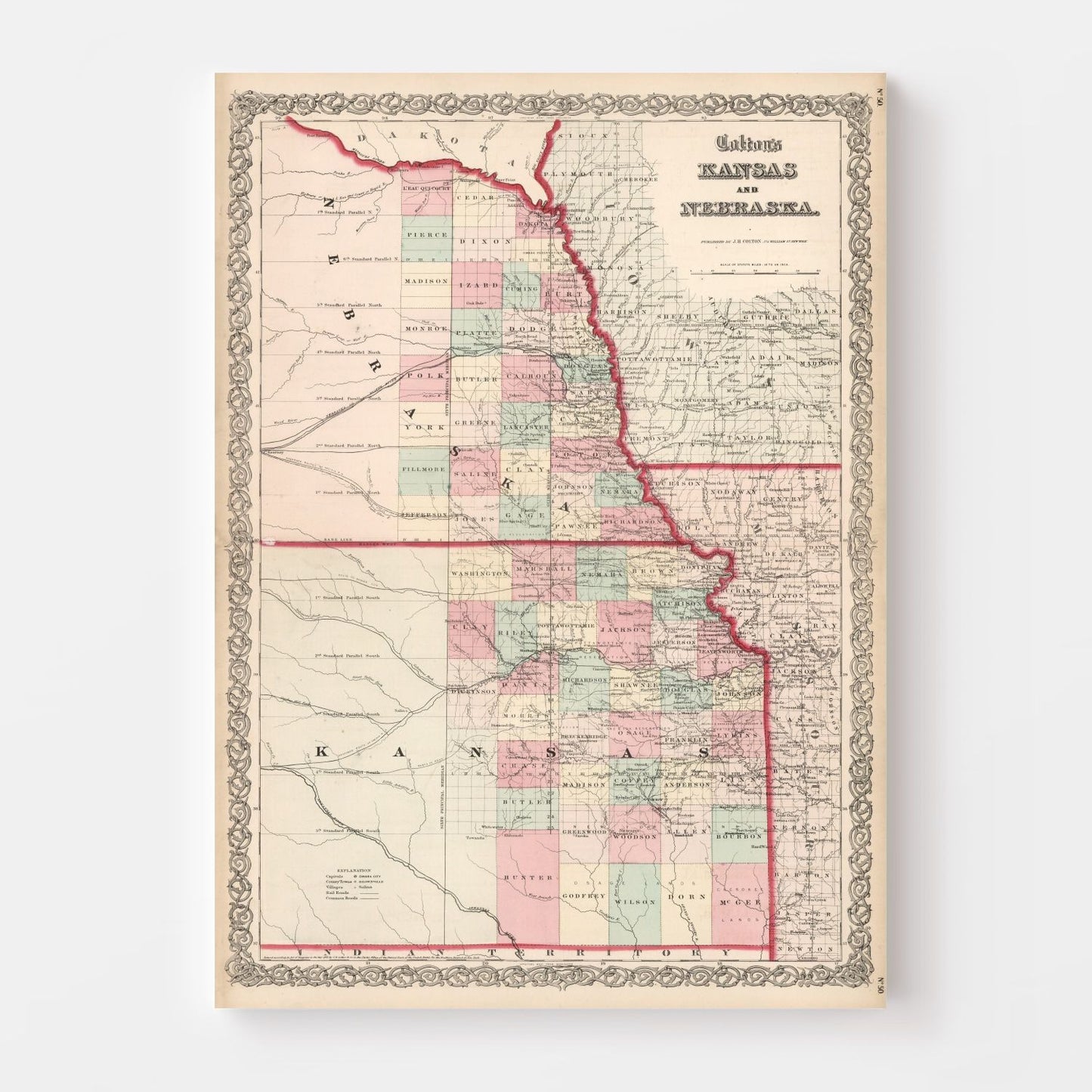 Vintage Map of Kansas & Nebraska 1861