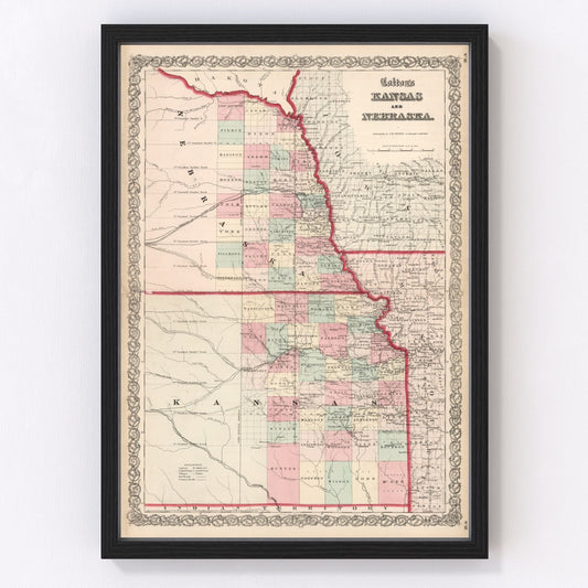 Vintage Map of Kansas & Nebraska 1861