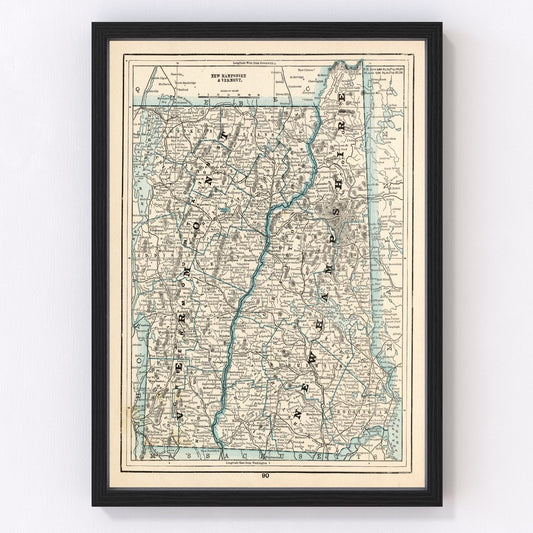 Vintage Map of New Hampshire & Vermont 1893