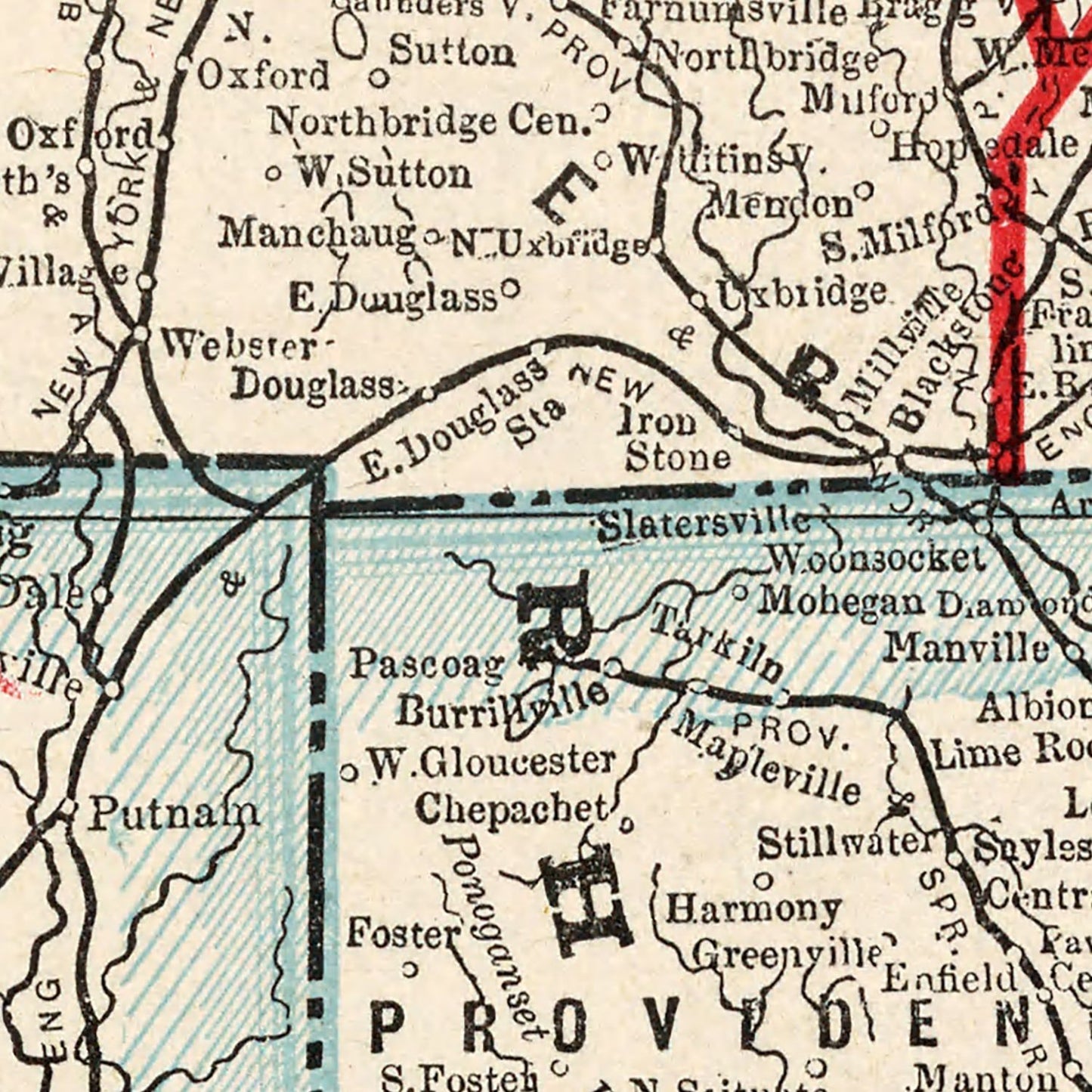 Vintage Map of Massachusetts & Rhode Island 1893