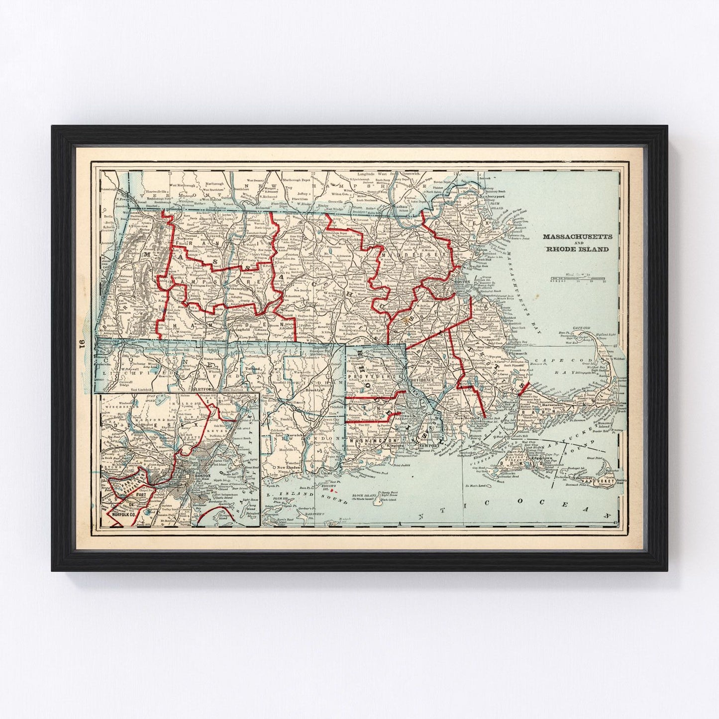 Vintage Map of Massachusetts & Rhode Island 1893
