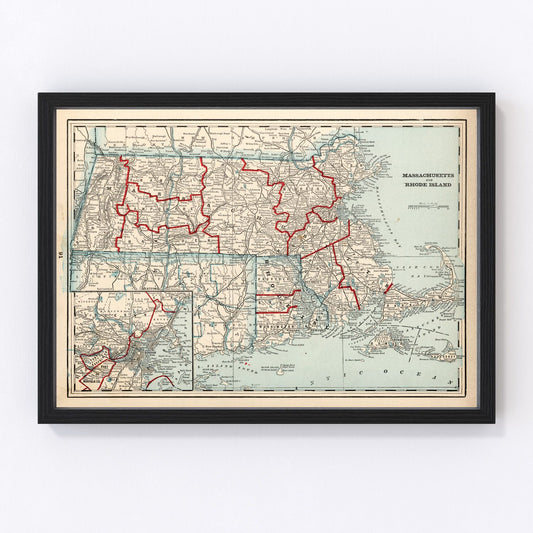 Vintage Map of Massachusetts & Rhode Island 1893