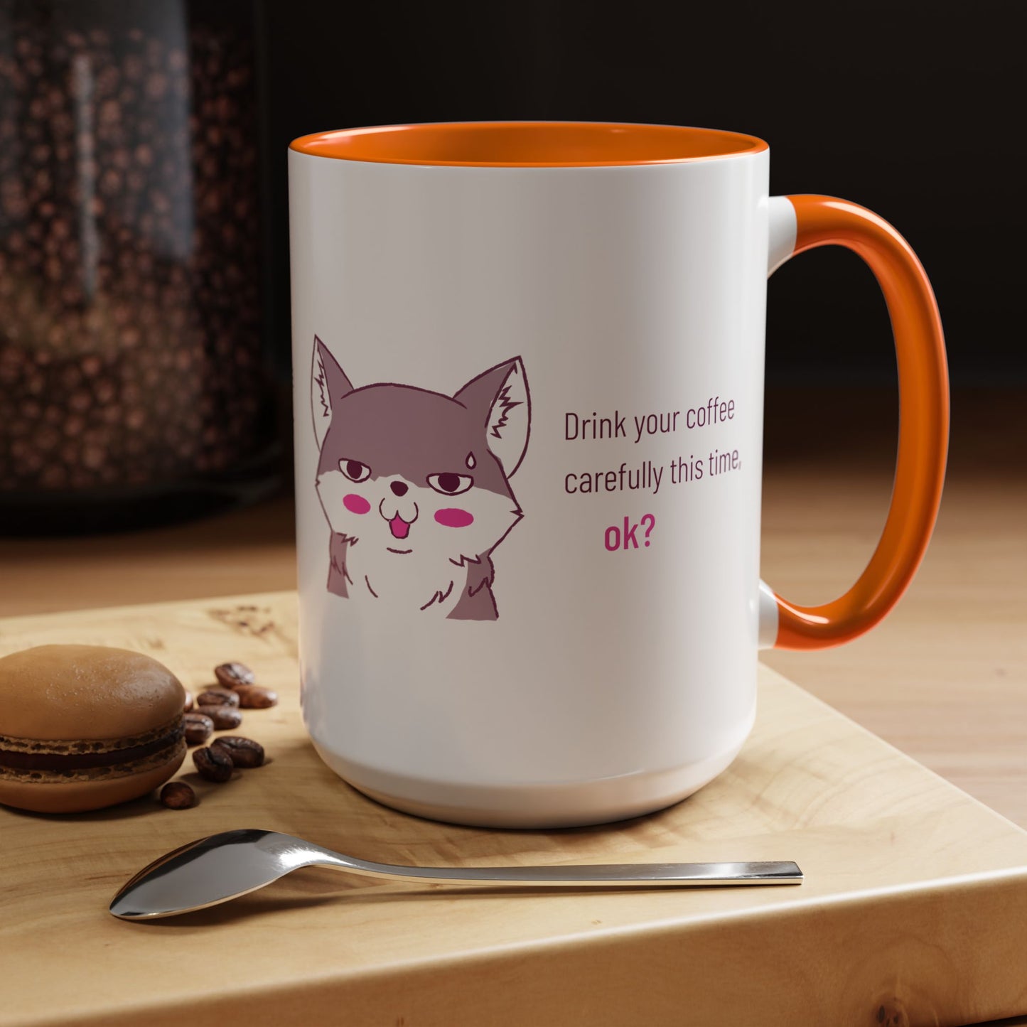 Accent Coffee Mug — Cute Shy Fox Design "Drink your coffee carefully this time, ok?"